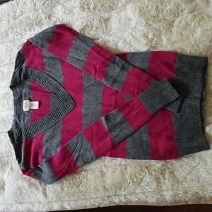 Gray and Maroon Striped V-Neck Sweater